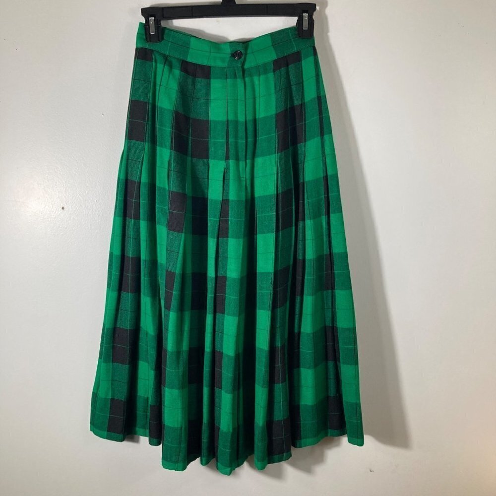 Womens Vintage 70s Weathervane Made in USA Green Black Plaid Pleated Skirt XXS